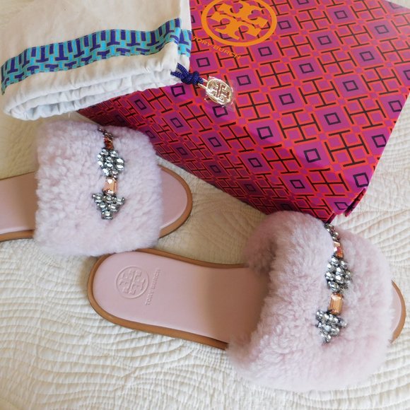 New Tory Burch Aspen Shearling sandals Sea Shell pink crystal embellished slides - Picture 16 of 16